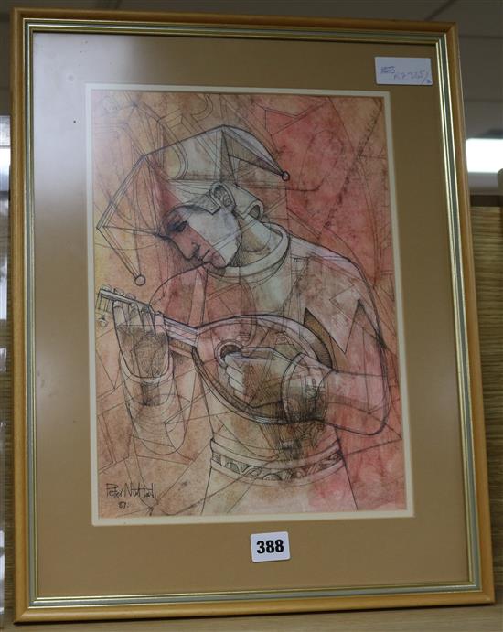 Peter Nuttall, mixed media, Jester playing a mandolin, signed and dated 87, 35 x 25cm